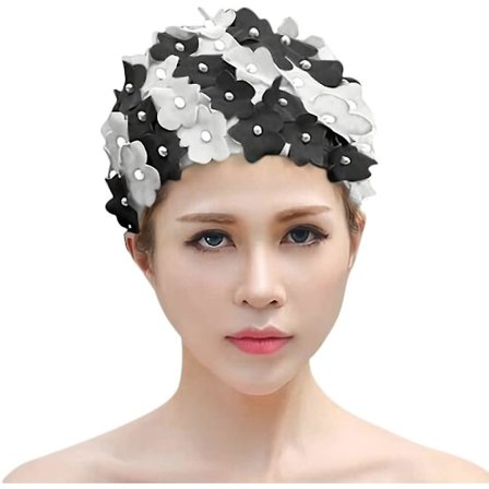 Vintage Kukkakuvioinen Uimahattu Naisille Tyylikäs Uimalakki Suihkuhattu Nailon Spandex Kukka Uimalakki(Mustavalkoinen)