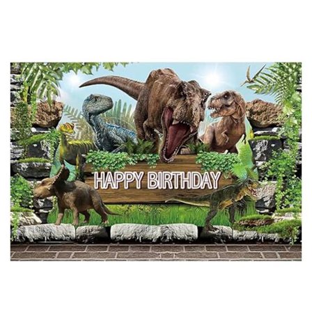 Jurassic dinosaurie-tema bakgrund, grattis på födelsedagen foto, tropisk regnskog, dinosaurie fest bakgrund, 1 enhet