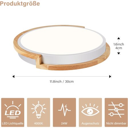 Loftlampe, hvid loftlampe 30 cm, 24 W LED-lampe med træ til soveværelse, stue, køkken, spisestue, gang 4000 K [Energiklasse F]