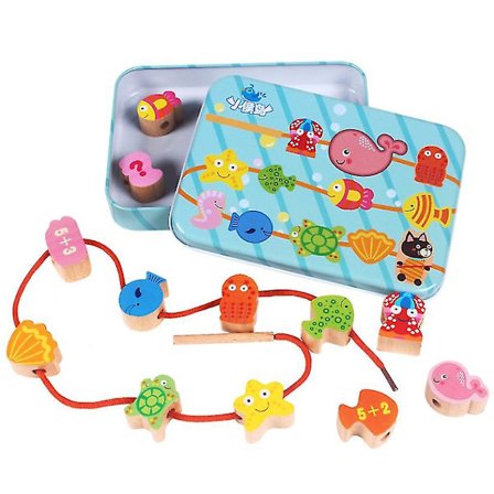 Barnevennlig treleke med dyremotiv, perler, jernboks, perletradings-puslespill, tidlig utdanning, lekehus (fiskemønster)