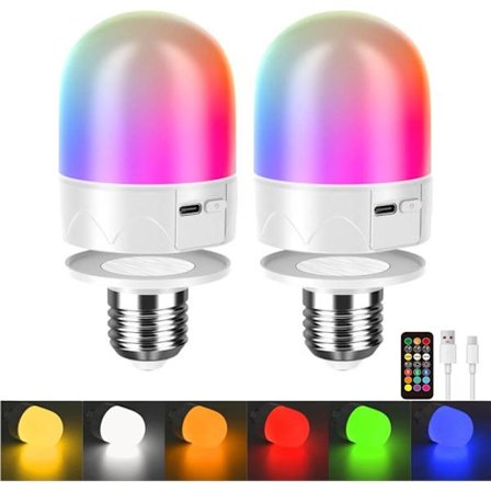 2 stk. Oppladbar USB-lyspære med fjernkontroll - Batteridrevet pære for lampe - Oppladbar RGB-fargeskiftende pære - 12 fargetemperaturer