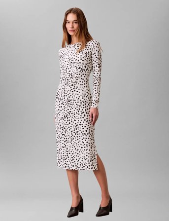 Calvin Klein Ls Ruched Assym Printed Midi Dre - White - M