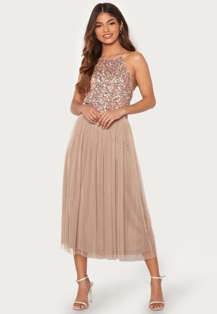 AngelEye - High Neck Sequin Midi Dress - Taupe