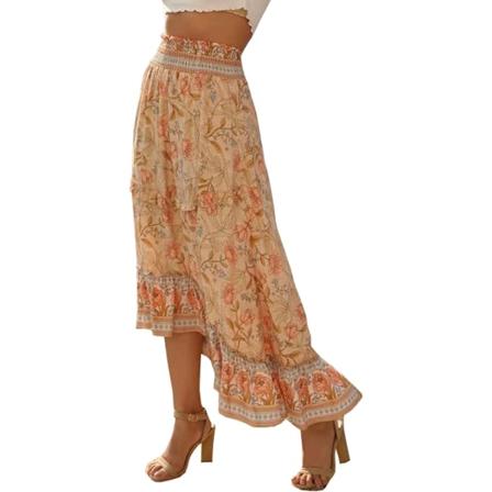 ivimos Dam Floral Print Bomull Volang Hög Låg Boho Midi Kjol Orange Stor
