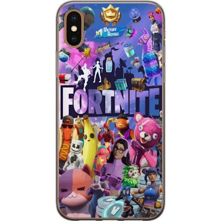 Kompatibel Mobilcover til Apple iPhone XS Fortnite kollage med ikoniske figurer, skins, Victory Royale og stærke farver, der skaber en energisk og ac