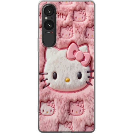 Kompatibelt Mobildeksel til Sony Xperia 5 V Hello Kitty rosa fluffy bakgrunn med ikoniskt ansikt og kawaii-estetikk