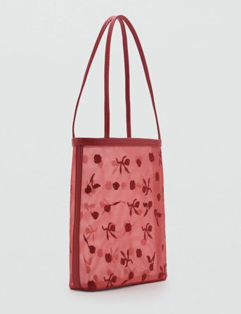 Mango Flower-Embroidered Mesh Bag - Red - ONE SIZE
