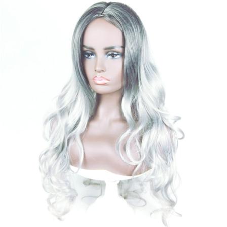 Parukk for kvinner, grå bestemor kjemisk fiberhode svart gradient gra