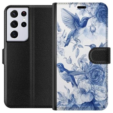 Kompatibelt Plånboksfodral till Samsung Samsung Galaxy S21 Ultra 5G Fåglar och blommor blå romantiskt mönster