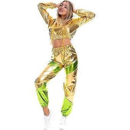 Rave-antrekk for kvinner, skinnende crop top-hettegenser, metallisk fritidsbukse, hettegenser-treningsgenser, discodanse-klubbklær (Large Gold)