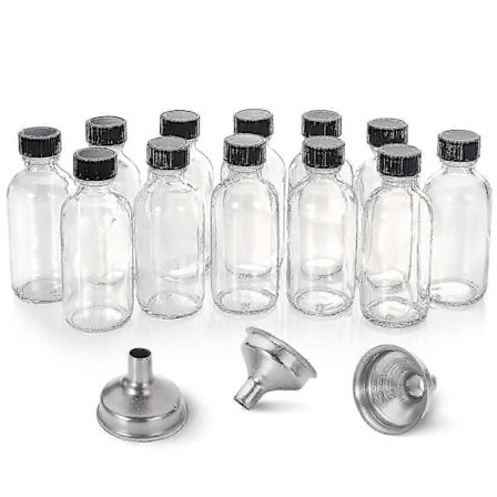 12 stk. 2 Oz Små Klare Glassflasker (60ml) Med Lokk & 3 Rustfrie Stål Trakter - Boston Round Prøveflasker - Mini Reiseflasker, Ingen Lekkasje