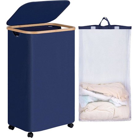 Vasketøjskurv på hjul 100L – Smal vasketøjskurv med låg, bambushåndtag & aftagelig pose