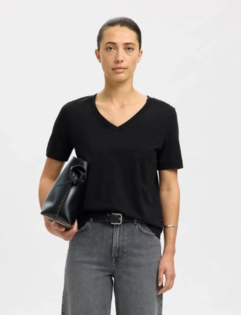 Selected Slfmyessential Ss V-Neck Tee Noos - Black - XS
