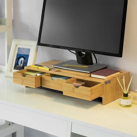 Rootz Bamboo Monitor Stand Computer Screen- Monitor Stand Monitor Riser Desk Organizer med 3 skuffer