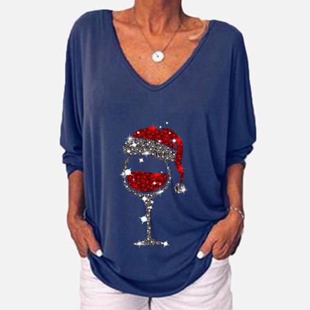 Dam V-hals 3/4-ärm Hatt Printed T-shirt Glitter Xmas T-shirt