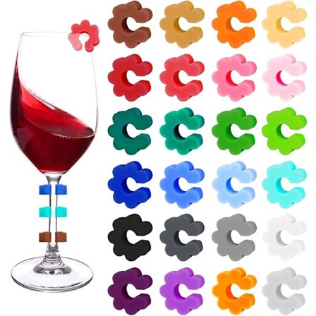 24 stk. vinglasmarkører i glas, glasmarkører, glasmarkører til drikkevarer, blomsterformede silikonemarkører til vinglas, farvede vinglasmarkører{ROG}