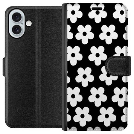Yhteensopiva Lompakkokotelo Apple Apple iPhone 16 Plus Mustavalkoinen kukkakuvio minimalistisessa skandinaavisessa muotoilussa, jossa voimakas kontras