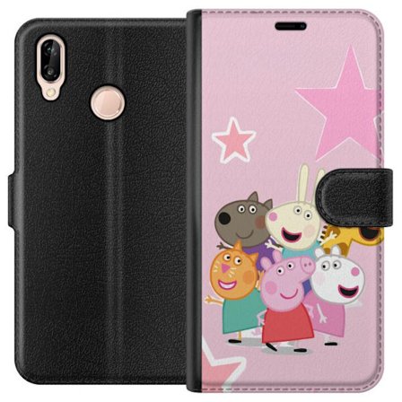 Yhteensopiva Lompakkokotelo Huawei P20 lite Peppa Possu ja ystävät kerääntyneinä tähtien kanssa vaaleanpunaisella taustalla, värikäs lasten ku