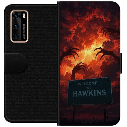 Kompatibelt Lommeboketui til Huawei P40 Mørk apokalyptisk fantasi-scene med brennende himmel og Hawkins-skilt i Stranger Things-stil