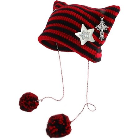 Kat Hue Sød Hæklet Kat Hue Med Sølv Stjerne Hårnål Vintage Tilbehør Håndlavet Grunge Strikket Hat