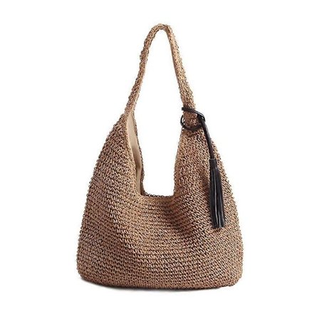Handvävd Mjuk Stor Halmväska med Svarta Tofsar Boho Halmhandtag Tote Retro Sommar