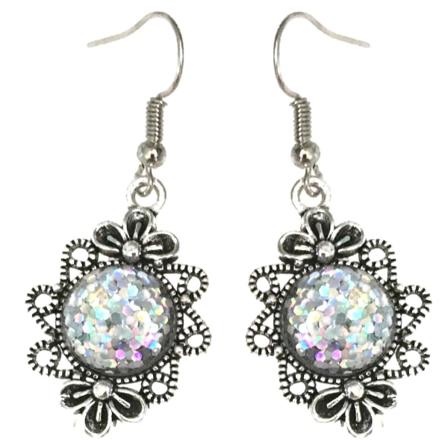 Örhängen Glitter Opal Snö Druz Snowflake Rostfri Krok Vit