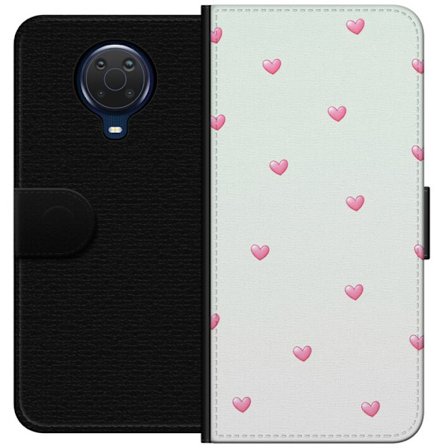 Yhteensopiva Lompakkokotelo Nokia Nokia G20 Minimalistinen kuvio vaaleanpunaisilla sydämillä vaalealla taustalla, suloinen ja yksinkertainen muotoil