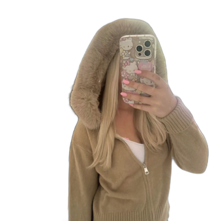 Beige cardigan jacka med fuskpälsluva