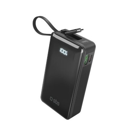 Powerbank SBS 10000 mAh 20W med indbygget USB-C-kabel og digitalt display - sort