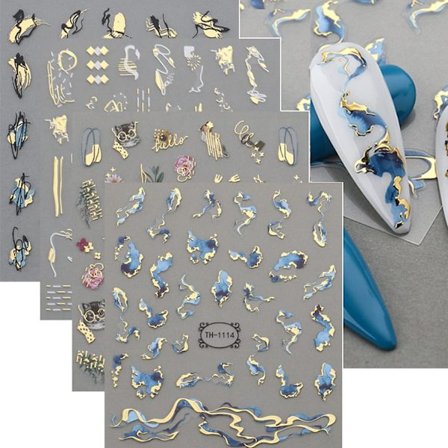 12 Ark Graffiti Neglekunst Klistremerker 3D Hvit Svart Gull Stripe Linje Negledekaler Selvklebende Abstrakt Marmor Bølge Blomst Blad Klistremerker