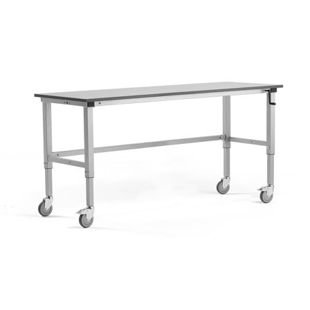Height-adjustable mobile workbench MOTION, manual, 150 kg, 2000x600 mm, grey