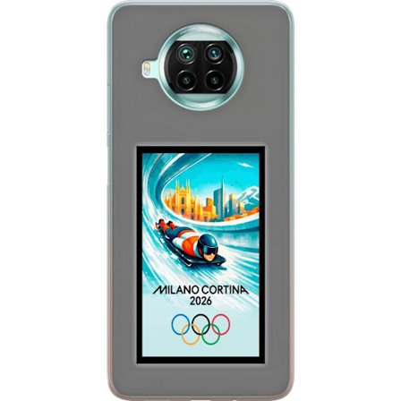 Yhteensopiva Puhelinkuori Xiaomi Mi 10T Lite 5G Dynaaminen kelkkailija tai skeleton-ajaja jääkanavalla Milanon Cortina 2026 kanssa, kaupunkinäkymä ja