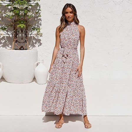 Sommer Høst Prikket Lang Kjole Kvinner Uformell Halter Ermeløs Høy Midje Slank Snøring Bandasje Belte S-XL