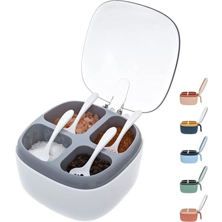 Krydderbokssett med fire skuffer, skjeer og lokk — 4-i-1 plastkrydderboks