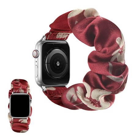 Apple Watch 42mm - 44mm elastic hairband style watch strap - Satin + White Flower / Size: L