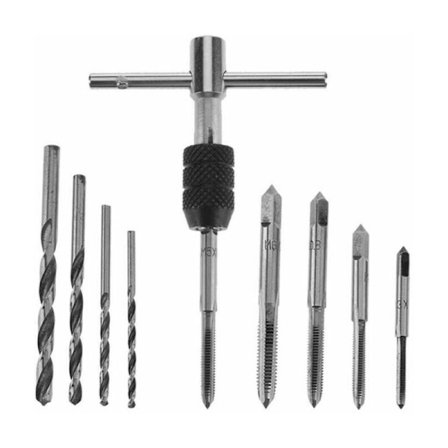 9-delt sæt med gevindstænger med T-håndtag, gevindstangssæt, hånd- og maskingevindssæt, spiralborssæt, gevindtappssæt med 4 metriske 4 Mech-gevindbor