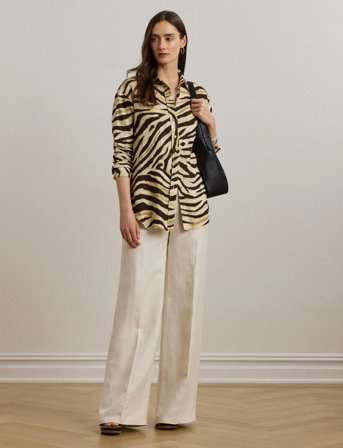 Lauren Ralph Lauren Relaxed Fit Zebra-Print Linen Shirt - Cream - L