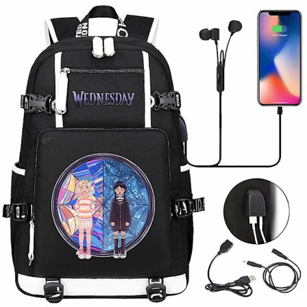 Onsdag Addams Ryggsäck USB Ryggsäck Väska Rese Laptop Skolväskor Svarta Män Student Skolpaket Mochilas Presentbild färg31