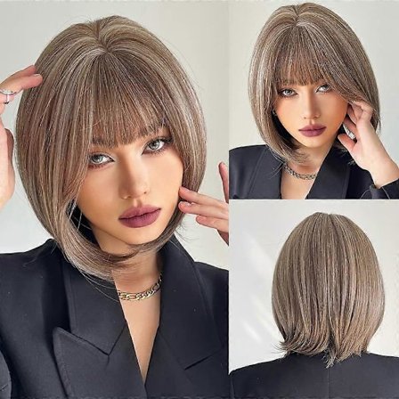 Brun Blandet Hvid Bob Paryk med Pandehår, 30 cm Brun Highlight Paryk til Kvinder Kort Lige Paryk Brun Syntetisk Paryk til Hverdagsfest—yux