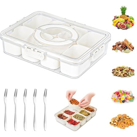 *Snacksskål med lock, snacksskål med 8 fack, snacksskålar, förvaringslåda, snackslåda, organisatör för godis, vegansk, kakor, nötter, frukt