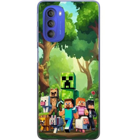 Kompatibelt Mobildeksel til Motorola Moto G51 5G Blokkete pikselerte spillverden med grønne figurer og dyr i frodig skogsmiljø
