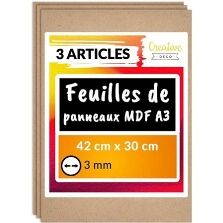 "Plade Tafel Panel Ubehandlet Træ - Creative Deco - 3 x A3 - MDF 420 x 300 x 3 mm - Håndværk - Laserudskæring"