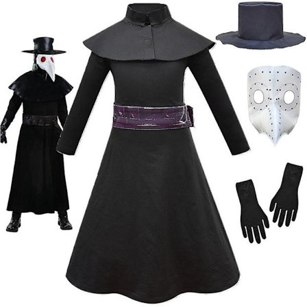 Plague Doctor Cosplay Klänning Cylinderhatt Mask Handskar Outfit för Halloween - Svart