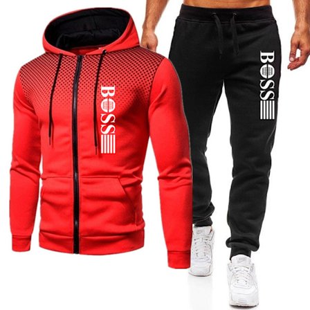 BOSS Herre Tracksuit 2-delt Hoodie Langarmet Zip-up Jakke med Casual Joggingbukser Sweatsuit Sett Rød-Svart