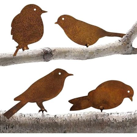 Trädgårdsplugg Rost Dekoration, 4 Metallfåglar med Skruvar, Trädgårdsfåglar Siluett Dekoration, Metall Trädgårdsdekoration med Rosteffekt Patina, 