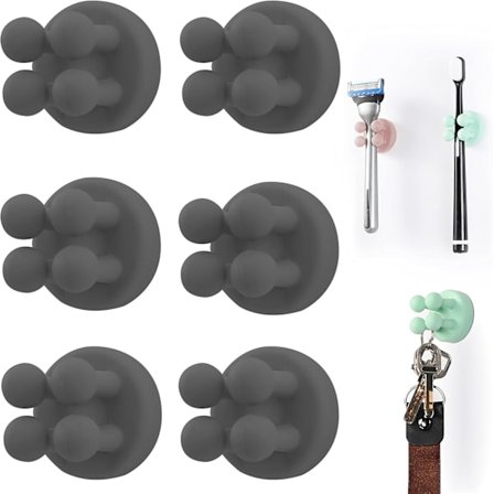 Silikone tandbørsteholder 6 stk multifunktionskrog barberbladsholder vandtæt selvklæbende vægmonteret enkelkrog til væg eller glas Sort