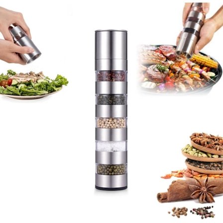 1-delt - 5-i-1 Bærbart Mini Krydderkrukkesett - Justerbar Kvern - Sølv - 25*5,3 cm