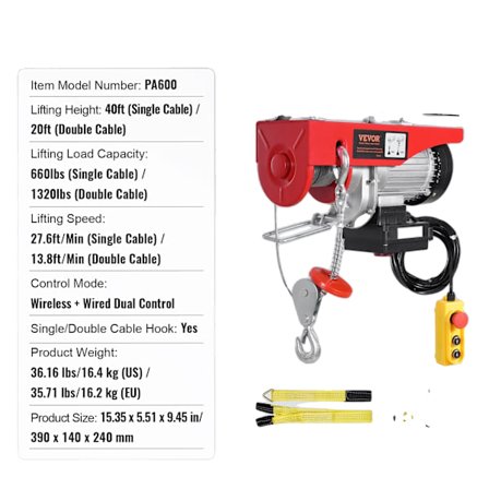 Elektrisk Lyftkran, 600 kg Lastkapacitet, 12 m Lyfthöjd, Trådlös + Trådbunden Kontroll,1320lbs
