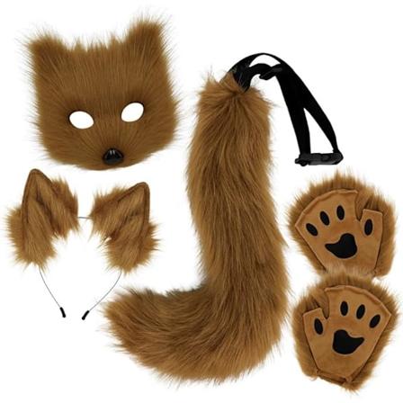 Falsk pels rævehale plushet maske hale og ører sæt, kattehale ræve kostume cosplay kostume med katteører og pote handsker halloween cosplay brown