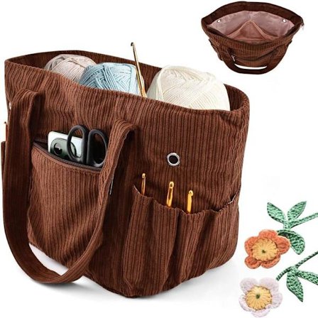 Tote taske i fløjl til strikning og hækling, garnopbevaringsorganisator, bærbar tote kurv til hæklenåle og tilbehør (brun)